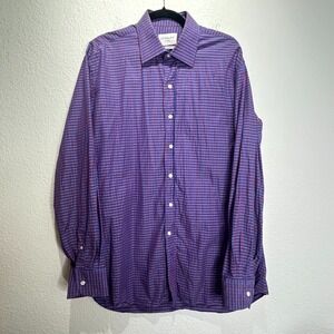 Ledbury Fine Shirting Shirt Mens XL Purple Blue Gingham Check Slim Fit Button Up